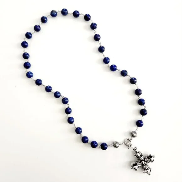 ROCKSTAR LAPIS LAZULI NECKLACE W 925 SILVER DOUBLE DORJE PENDANT-24. UNISEX